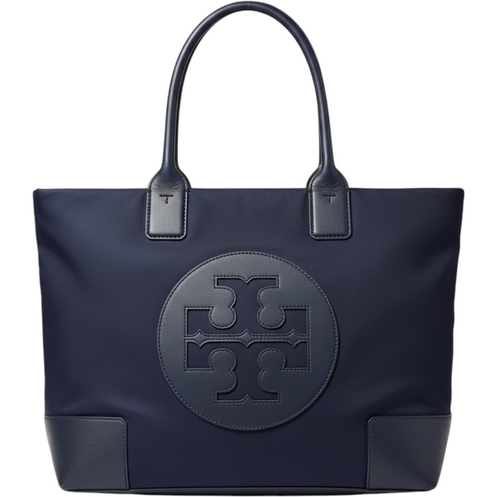 Tory Burch Ella Tote Bag Navy Blue Nylon Leather Trim Large Shoulder Bag